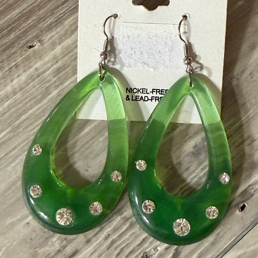 Vintage Y2K Translucent Green Rhinestone Teardrop Earrings 3”